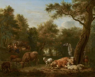Paesaggio boscoso con bovini