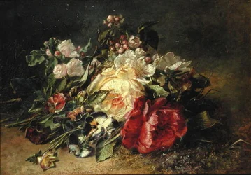 Natura morta con rose e viole del pensiero