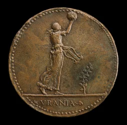 Urania cammina a destra, tenendo un globo e una lira [retro], 1488 o dopo