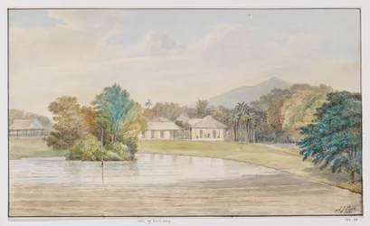 Paesaggio con casa e stagno, West Java