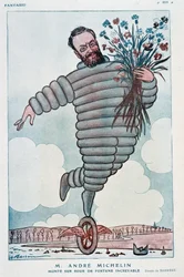 Cartone animato di Andre Michelin e Bibendum - Illustrazione di Adrien Barrere (1877-1931) in "Fantasio" del 01/07/1923