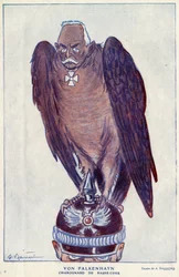 Cartone animato del generale tedesco Erich von Falkenhayn (1861-1922) (Basso Tribunale Charognard) in "Fantasio" 1916 - Illustrazione di Adrien Barrere (1877-1931)