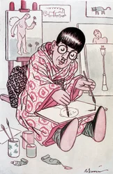 Cartone che mostra Tsuguharu Fujita, battezzato Leonard Foujita, pittore francese di origine giapponese (1886-1968). Disegno di Barrere in Fantasio, il 01/04/1927