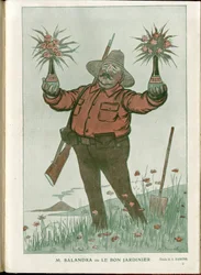 Illustrazione di A Barrere in Fantasio, 01/06/15 - Mr. Salandra o il Buon Giardiniere - Guerra del 14-18, Italia, Vino, Neutralità, Fiori, Eruzioni vulcaniche, Presidente del Consiglio, Trieste - Salandra Antonio