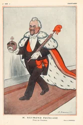 Il Presidente della Repubblica Francese Raymond Poincaré (1860-1934) Principe dei Presidenti (caricatura in re), tiene i simboli della Repubblica (di cui un fascio del littore sormontato da un berretto frigio) - in “Fantasio” del 01/02/1913 - Illustrazione