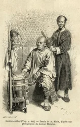 Un barbiere ambulante in piena attività, incisione per illustrare il viaggio a Pechino e nel Nord della Cina, 1873, di T. Choutze