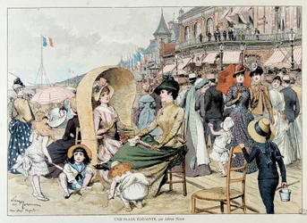 Una spiaggia elegante. Signore affascinanti con i loro bambini tra una folla che si diverte su una spiaggia in Francia. Incisione di Adrien Marie