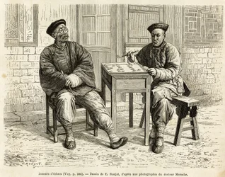 Giocatori di scacchi. Incisione dal disegno di A. Marie, per illustrare il viaggio a Pechino e nel Nord della Cina, di T. Choutze, nel 1873, pubblicato in "Le tour du monde" 1876, a cura di Edouard Charton, edizione Hachette, Parigi. Collezione Selva.