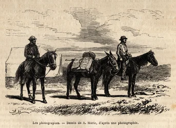 Fotografi della missione geologica americana a cavallo, materiale accuratamente imballato e pronto per una nuova tappa, incisione da un disegno di A. Marie, che illustra una serie di missioni geografiche attraverso il Parco nazionale degli Stati Uniti