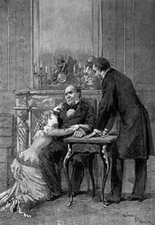 Rappresentazione teatrale: 1° atto di Jean Baudry di Auguste Vacquerie (1819-1895) con Mlle Bertet (Andrée), M. Barré (Bruel), Edmond Got (1822-1901) (Jean Beaudry). Parigi, Comédie Française
