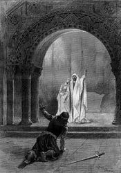 Rappresentazione teatrale: "Garin" di Paul Delair (1842-1894) con Henri Maubant (1821-1908) (Herbert), Adeline Dudlay (Aischa) e Jean Sully Mounet detto Mounet Sully (Mounet-Sully) (1841-1916) (Garin). Parigi, Comédie Française