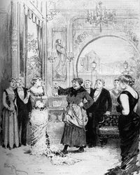 Rappresentazione teatrale: “Nana” di William Busnach (1832-1907) dopo Emile Zola (1840-1902) con Louise Massin (1847-1901) (Nana) e Melle Honorine (Pomare). Parigi, Theatre de l
