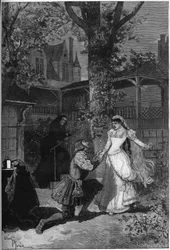 Rappresentazione teatrale: "Il re si diverte" di Victor Hugo (1808-1883). Atto II scena 5: la casa di Triboulet, Re Francesco I (Mounet Sully 1841-1916) ai piedi di Blanche (Julia Bartet)