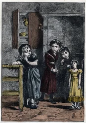 Le due figlie di Thenardier, Eponine e Azelma, guardano Cosette che ha ricevuto la bambola Catherine - Illustrazione di Adrien Marie (1848-1891) per "I miserabili - Seconda parte: Cosette" di Victor Hugo (1802-1885) 1862