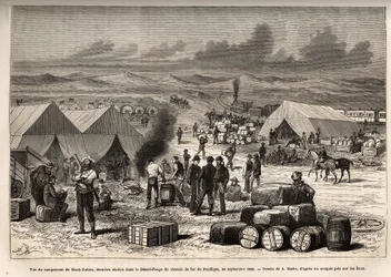 Veduta del campo di Black Buttes, ultima stazione nel deserto rosso (deserto del Mojave) della Pacific Railway, nel settembre 1868, incisione dal disegno di A. Marie, che illustra il viaggio da Washington a San Francisco, nel 1868, di L. Simonin, pubblicat