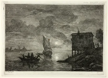 Scena di Porto al Chiaro di Luna con Traghetto