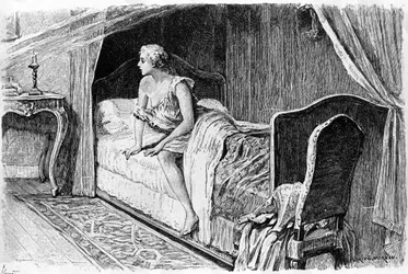 Incisione di Adrien Moreau (1843-1906) che illustra "Candido" di Francois Marie Arouet detto Voltaire (1694-1778).