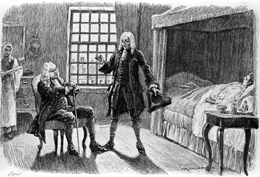 Incisione di Adrien Moreau (1843-1906) che illustra "Candido" di Francois Marie Arouet detto Voltaire (1694-1778).