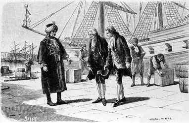 Incisione di Adrien Moreau (1843-1906) che illustra "Candido" di Francois Marie Arouet detto Voltaire (1694-1778).