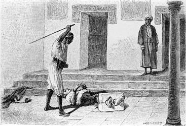 Incisione di Adrien Moreau (1843-1906) che illustra "Candido" di Francois Marie Arouet detto Voltaire (1694-1778)