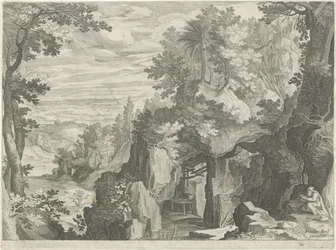 Paesaggio montano con un eremita