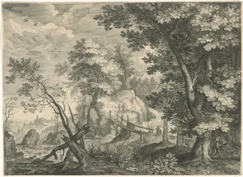 Paesaggio boschivo con ponte di legno