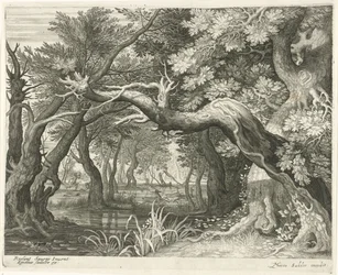 Caccia al cervo presso un lago nella foresta (serie di sei paesaggi)