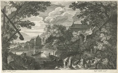 Paesaggio fluviale con pescatori e lavoratori (Otto paesaggi in Boemia)