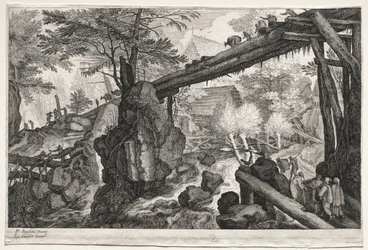 Otto paesaggi boemi: Paesaggio con ponte di tronchi su una cascata, c. 1610-1615