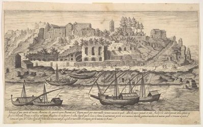 Tavola 21: veduta da ovest delle rovine del Colle Aventino, Roma, con barche sul fiume, 1606