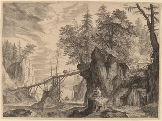 Disegnatore su una pietra davanti a un ponte