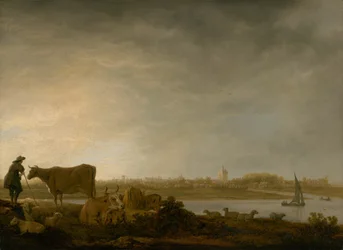 Veduta di Vianen con un mandriano e il bestiame lungo il fiume