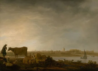 Veduta di Vianen con un pastore e bestiame vicino a un fiume, c.1643-45