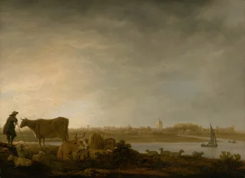 Veduta di Vianen con un mandriano e bestiame vicino a un fiume, c. 1643-45