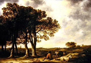 Pastore di capre nel paesaggio, una vista lontana di Amsterdam