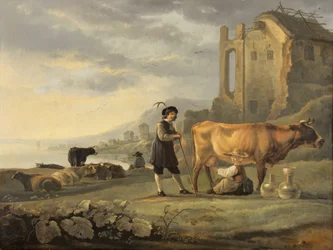 Paesaggio con cameriera che munge una mucca