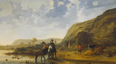 Paesaggio fluviale con cavalieri