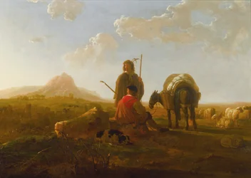 Due pastori in un paesaggio collinare
