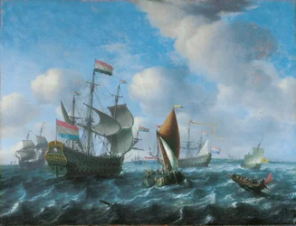 Una nave da guerra, possibilmente Het Wapen van Utrecht, un wijdschip e una spiegelsloep in una brezza forte