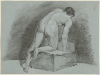 Nudo maschile, piegato in avanti, visto da dietro