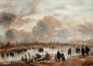 Paesaggio Invernale con Pattinatori e Cittadini su un Canale Ghiacciato