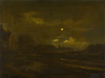 Paesaggio fluviale illuminato dalla luna con un villaggio, un mulino a vento e una chiesa oltre, con viaggiatori su un sentiero in primo piano