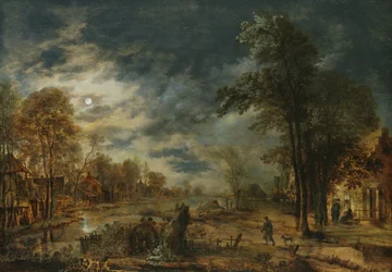 Paesaggio al chiaro di luna con un villaggio
