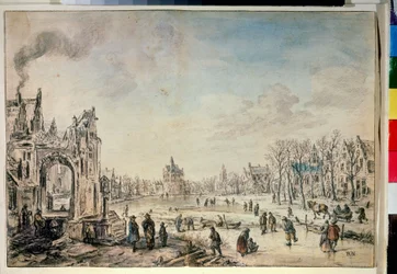 Paesaggio invernale con pattinatori
