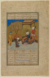 Folio da un Khamsa (Quintetto) di Amir Khusraw Dihlavi; verso: Amir Khusraw presenta un libro di poesie ad Alauddin Khalji, Balkh, Afghanistan, periodo Safavide, 1503-04