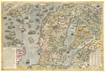 Riproduzione fedele della Carta marina (una mappa murale della Scandinavia di Olaus Magnus pubblicata nel 1539)