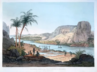 Vista esterna dei due templi a Ybsambul, Egitto, 1820
