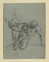 Cupido che travolge Pan (recto); Testa di monaco; Caricatura di un uomo di profilo (verso)