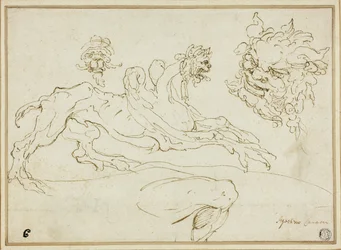 Quattro schizzi: Grifone, Testa grottesca, Testa di satiro, Gamba piegata