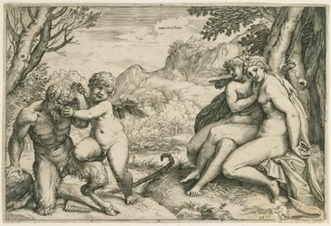 Omnia vincit Amor (Amore sopraffà Pan, a destra due ninfe sotto un albero, in un paesaggio)